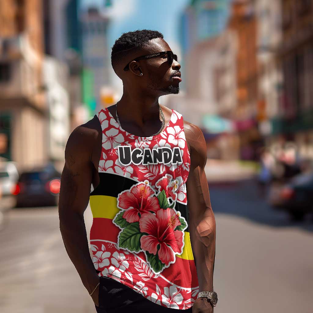Uganda Men Tank Top - Red Hibiscus Flowers and National Flag Design