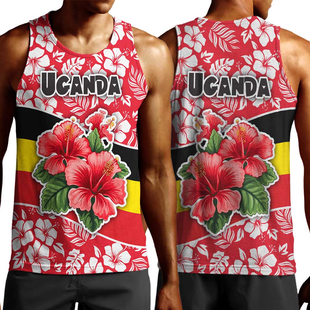 Uganda Men Tank Top - Red Hibiscus Flowers and National Flag Design