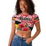 Uganda Raglan Cropped T shirt - Red Hibiscus Flowers and National Flag Design