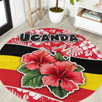Uganda Round Carpet - Red Hibiscus Flowers and National Flag Design