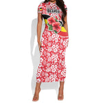 Uganda Short Sleeve Bodycon Dress - Red Hibiscus Flowers and National Flag Design TS04