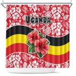 Uganda Shower Curtain - Red Hibiscus Flowers and National Flag Design