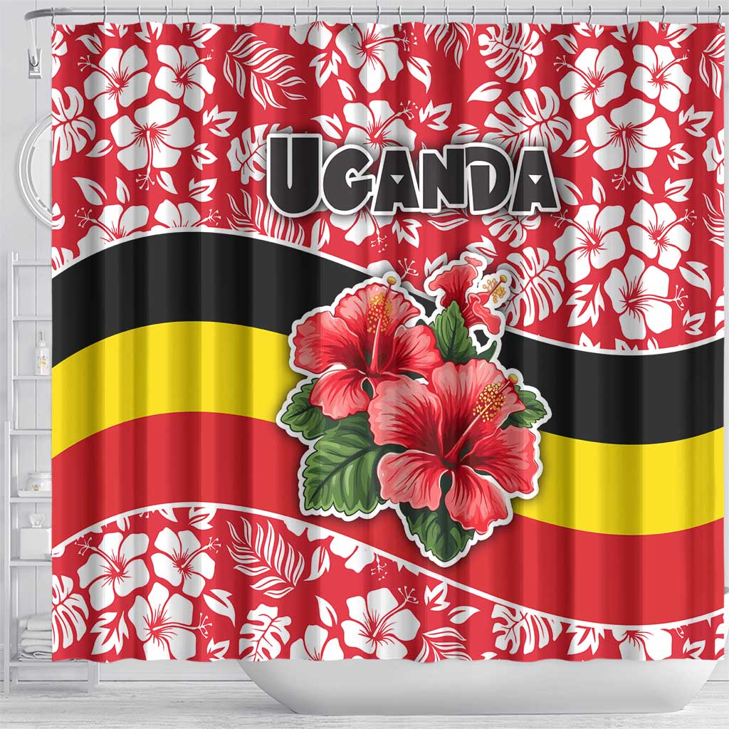Uganda Shower Curtain - Red Hibiscus Flowers and National Flag Design