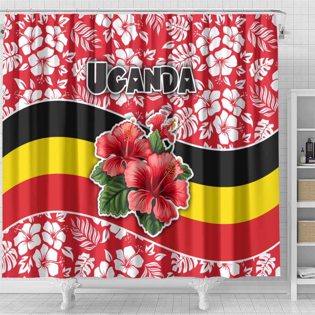 Uganda Shower Curtain - Red Hibiscus Flowers and National Flag Design