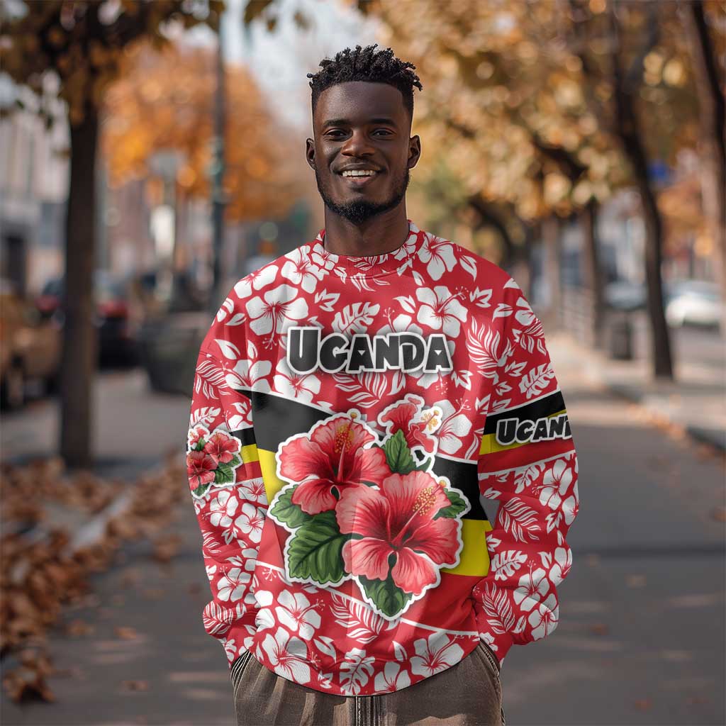 Uganda Sweatshirt - Red Hibiscus Flowers and National Flag Design