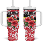 Uganda Tumbler With Handle - Red Hibiscus Flowers and National Flag Design