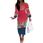 Central African Republic Off The Shoulder Long Sleeve Dress Red Blue Green Tribal Design - African Pride