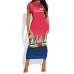 Central African Republic Short Sleeve Bodycon Dress Red Blue Green Tribal Design - African Pride