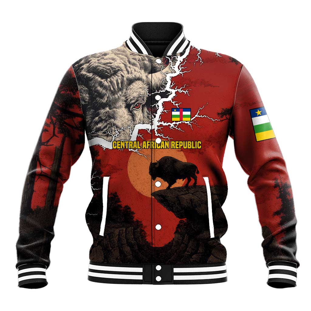 Central African Republic Baseball Jacket Red Black Nature Design and Buffalo - African Pride
