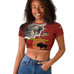 Central African Republic Raglan Cropped T shirt Red Black Nature Design and Buffalo - African Pride