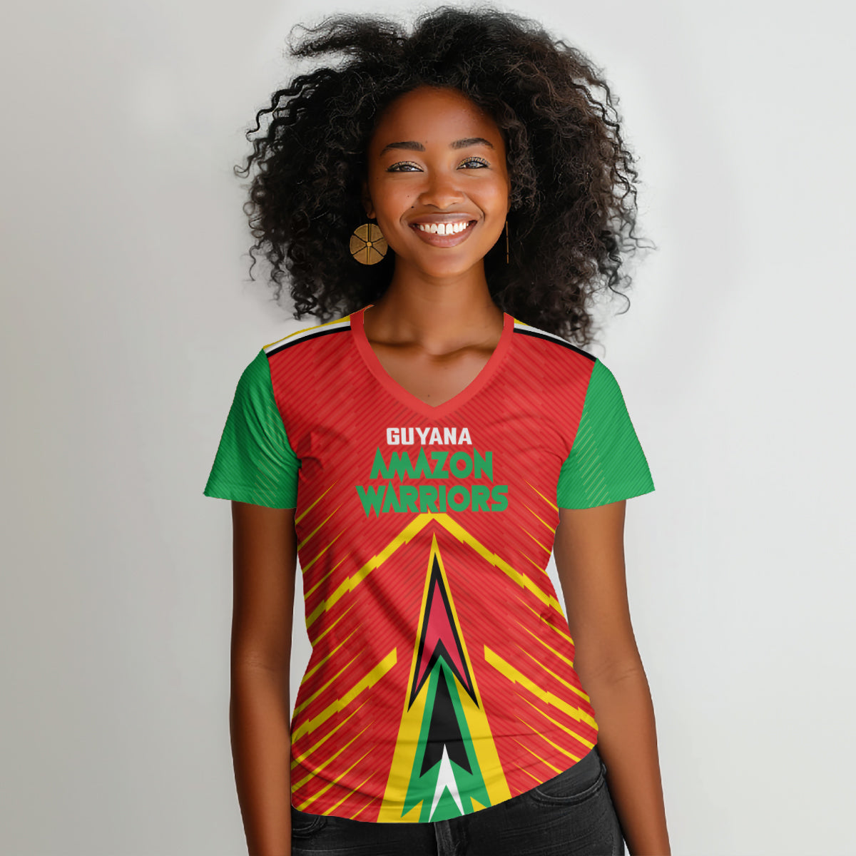 Guyana Cricket Amazon Warriors Custom Women V-Neck T-Shirt Go Glory-Green Red Gold LT03