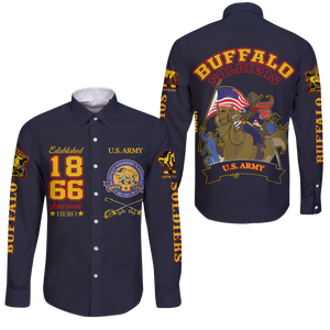 Big Boy Buffalo Soldiers Long Sleeve Button Shirt Blue  - African Pride