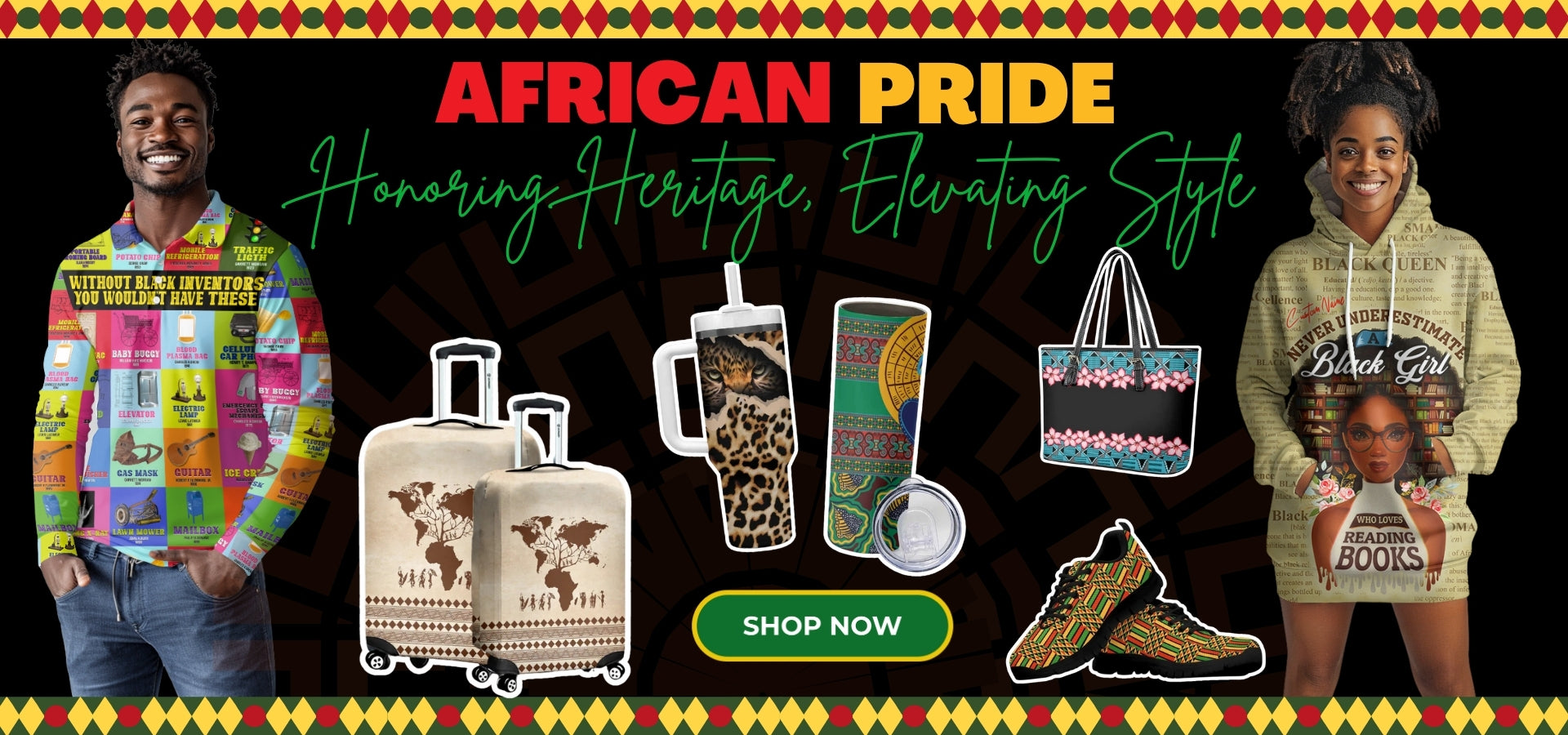 Promotional banner for 'African Pride' with clothing and products on a dark background.