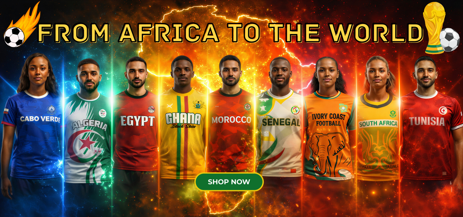 Promotional banner featuring athletes from various African countries with their national team jerseys, set against a fiery background with 'From Africa to the World' text.