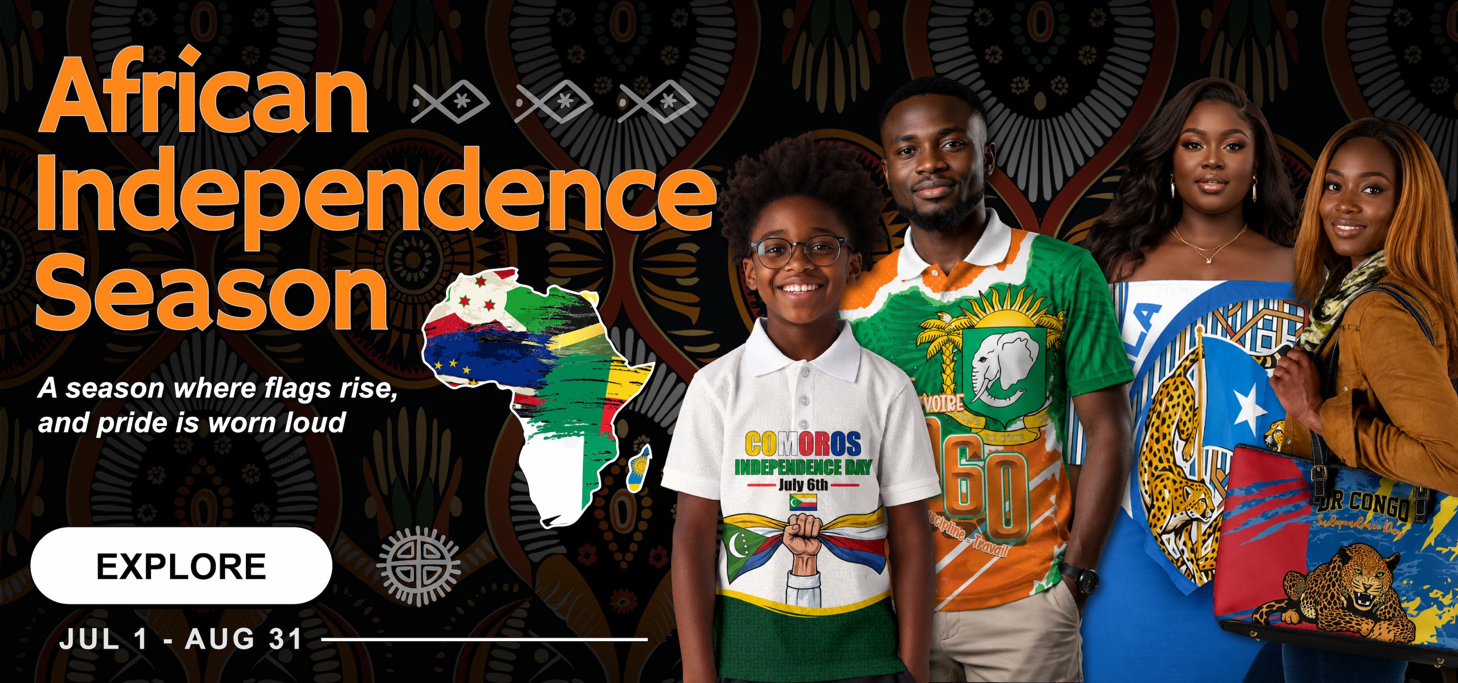 Promotional graphic for African Independence Season with people wearing colorful clothing featuring African flags.