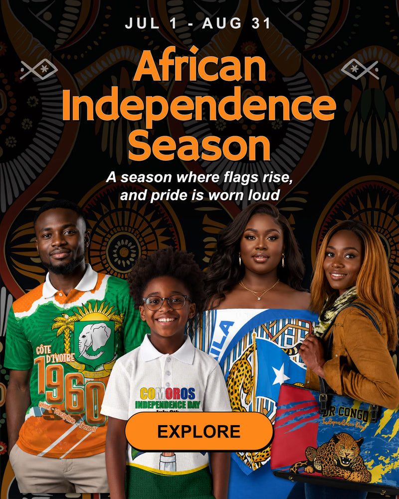Promotional graphic for African Independence Season with people wearing various national flags and a 'Explore' button.