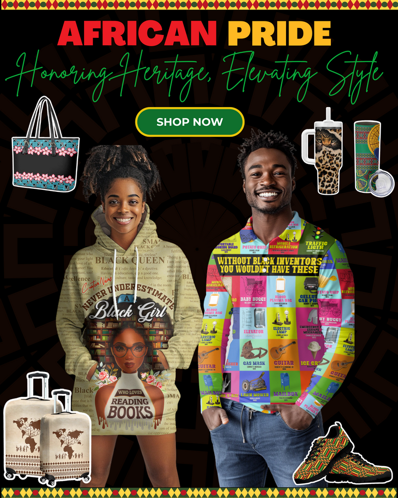 Promotional image of African Pride products featuring clothing and accessories with a dark background.