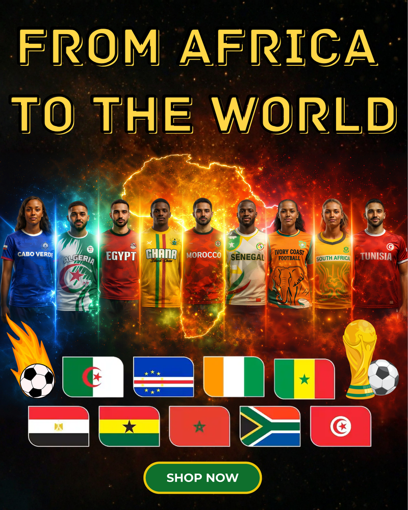 Promotional graphic for a sports brand with athletes and flags, featuring text 'From Africa to the World' and a 'Shop Now' button.