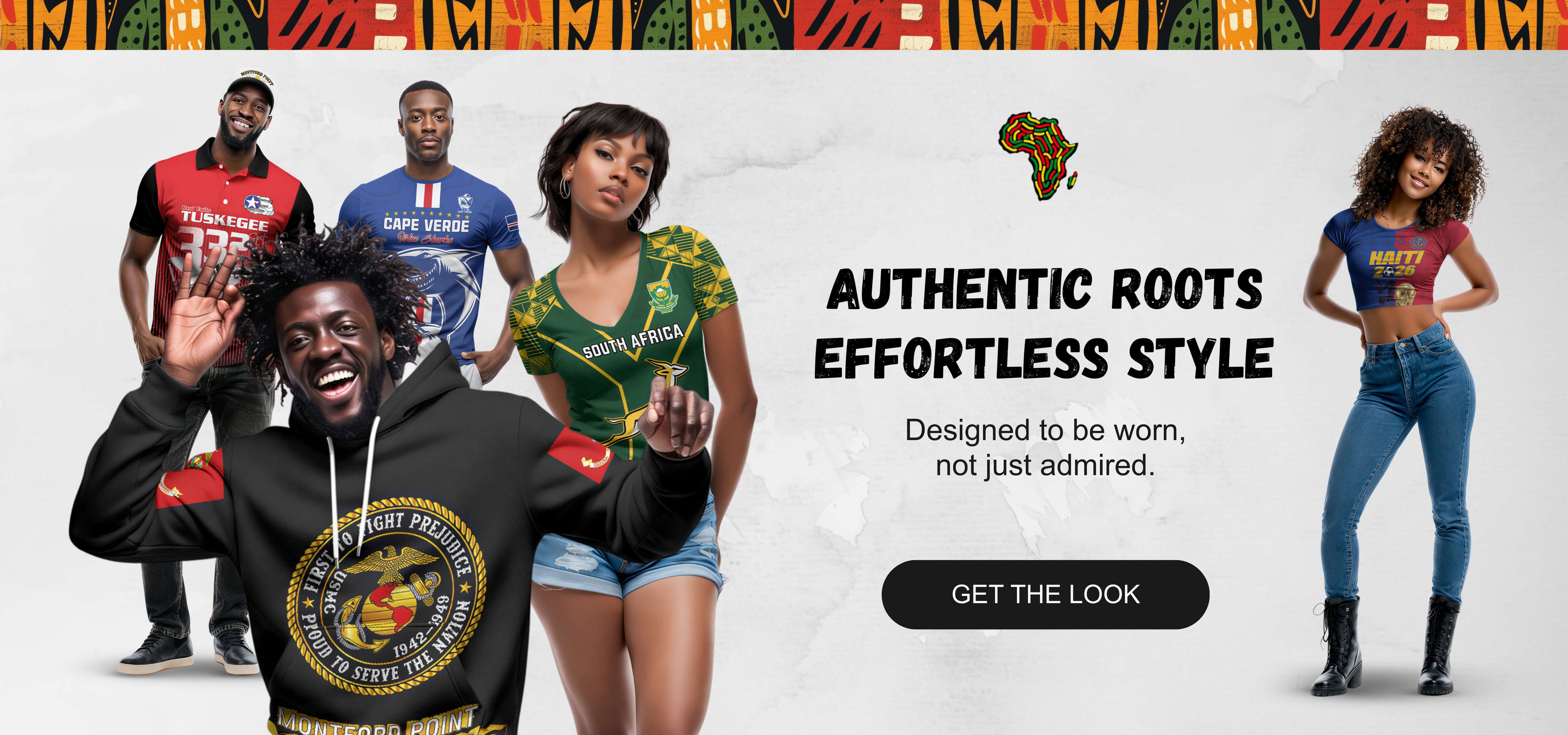 Promotional banner for a clothing brand with models wearing various outfits and text about 'Authentic Roots Effortless Style'.