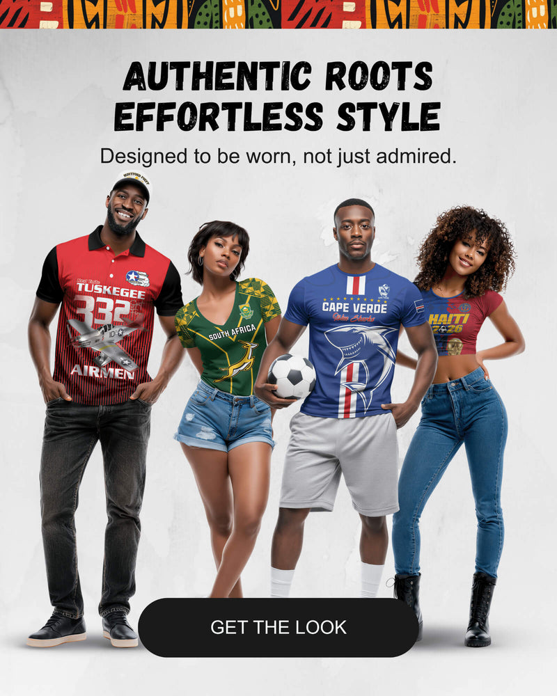 Four people wearing various sports-themed shirts with text about 'Authentic Roots Effortless Style'.