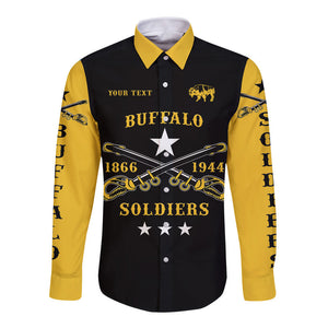 Personalized Buffalo Soldiers Hawaii Long Sleeve Button Shirt African American Military Simple Style - Black Gold  - African Pride