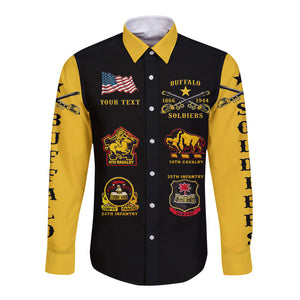 Personalized Buffalo Soldiers Hawaii Long Sleeve Button Shirt African American Military Original Style - Black Gold  - African Pride
