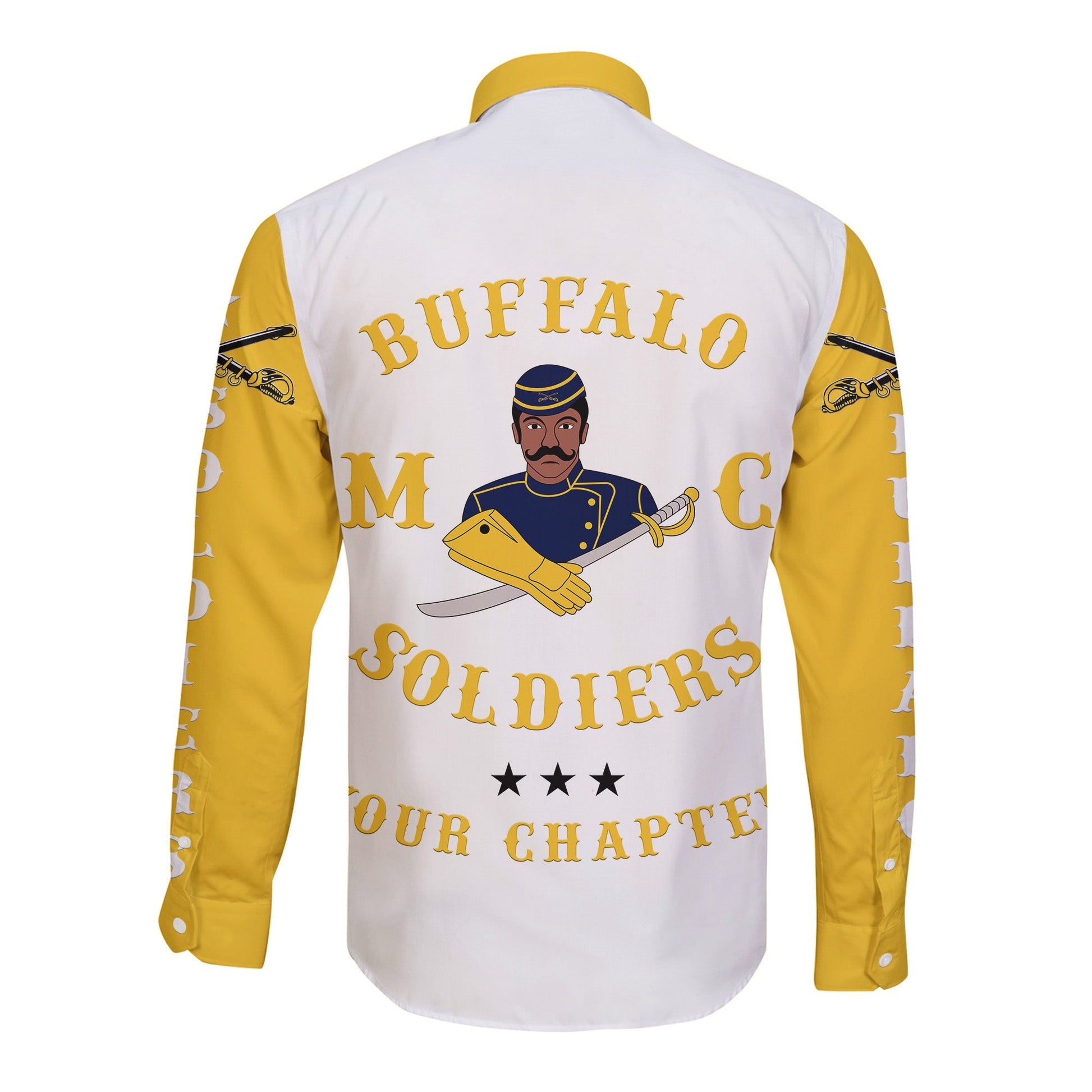 Personalized Buffalo Soldiers Motorcycle Club BSMC Hawaii Long Sleeve Button Shirt Simple Style - White Gold  - African Pride