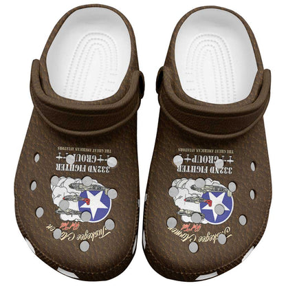 African American Aviators WWII Clogs Shoes Tuskegee Red Tails Airmen Brown Leather Pattern - African Pride
