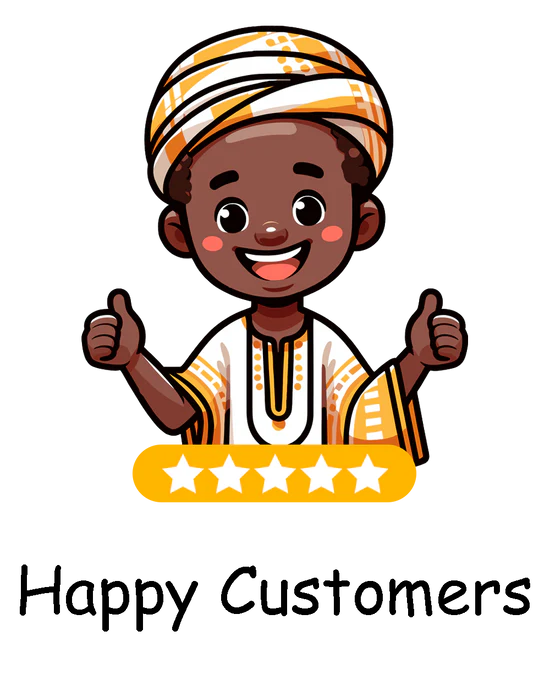 Cartoon character giving a thumbs up with a five-star rating and 'Happy Customers' text on a white background for African Pride