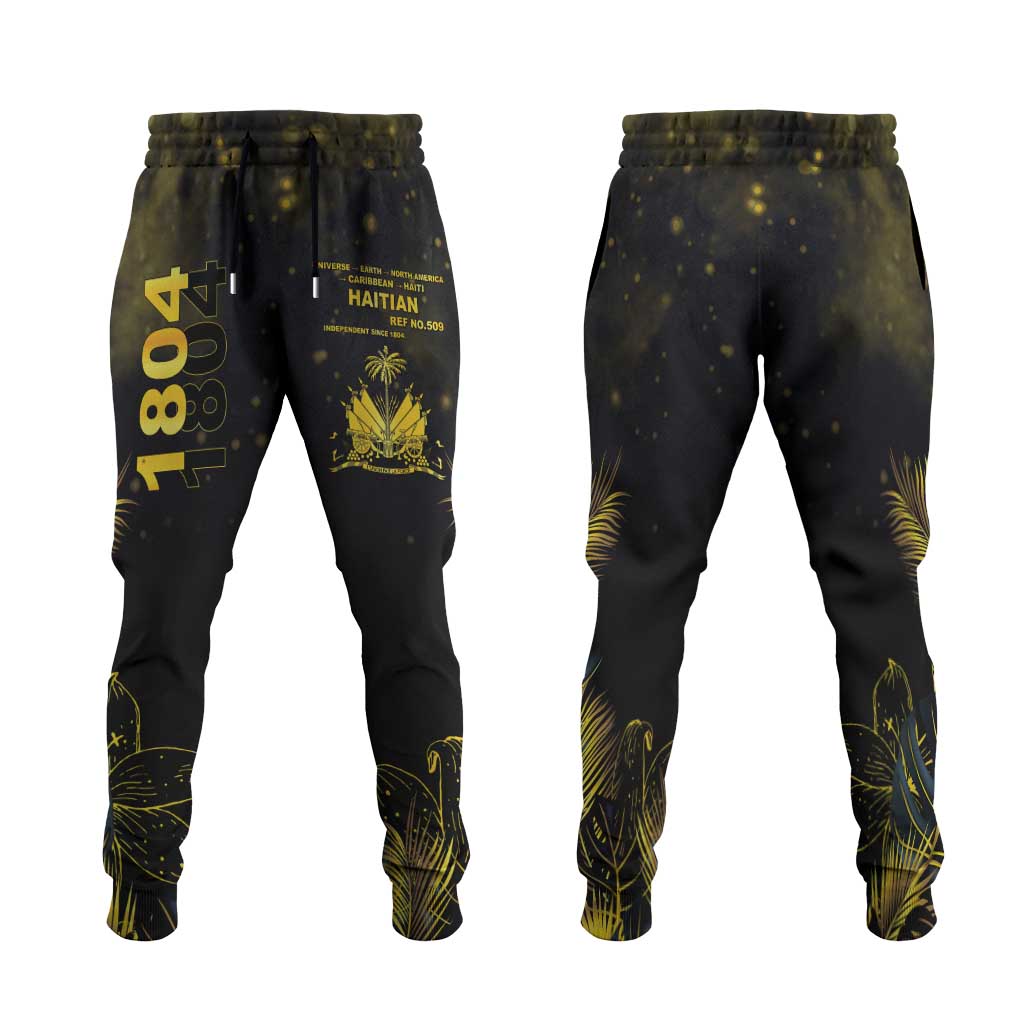 Afro Haiti 1804 Jogger Pants Gold Tropical Leaves And Coat Of Arms - African Pride