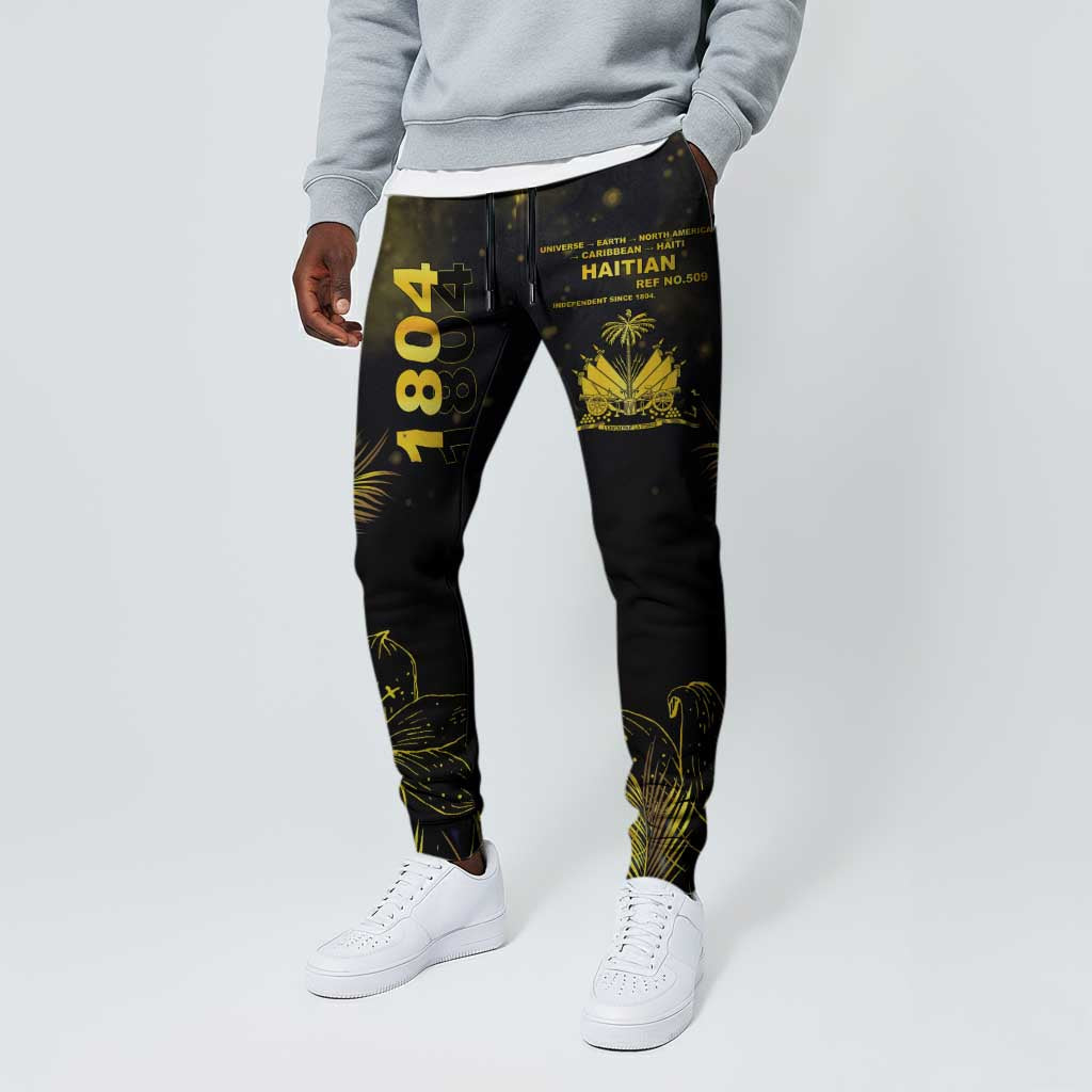 Afro Haiti 1804 Jogger Pants Gold Tropical Leaves And Coat Of Arms - African Pride