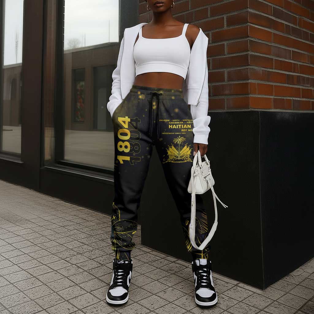 Afro Haiti 1804 Jogger Pants Gold Tropical Leaves And Coat Of Arms - African Pride