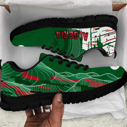 Algeria Football Sneakers Glitch Effect Desert Lines And Star Crescent