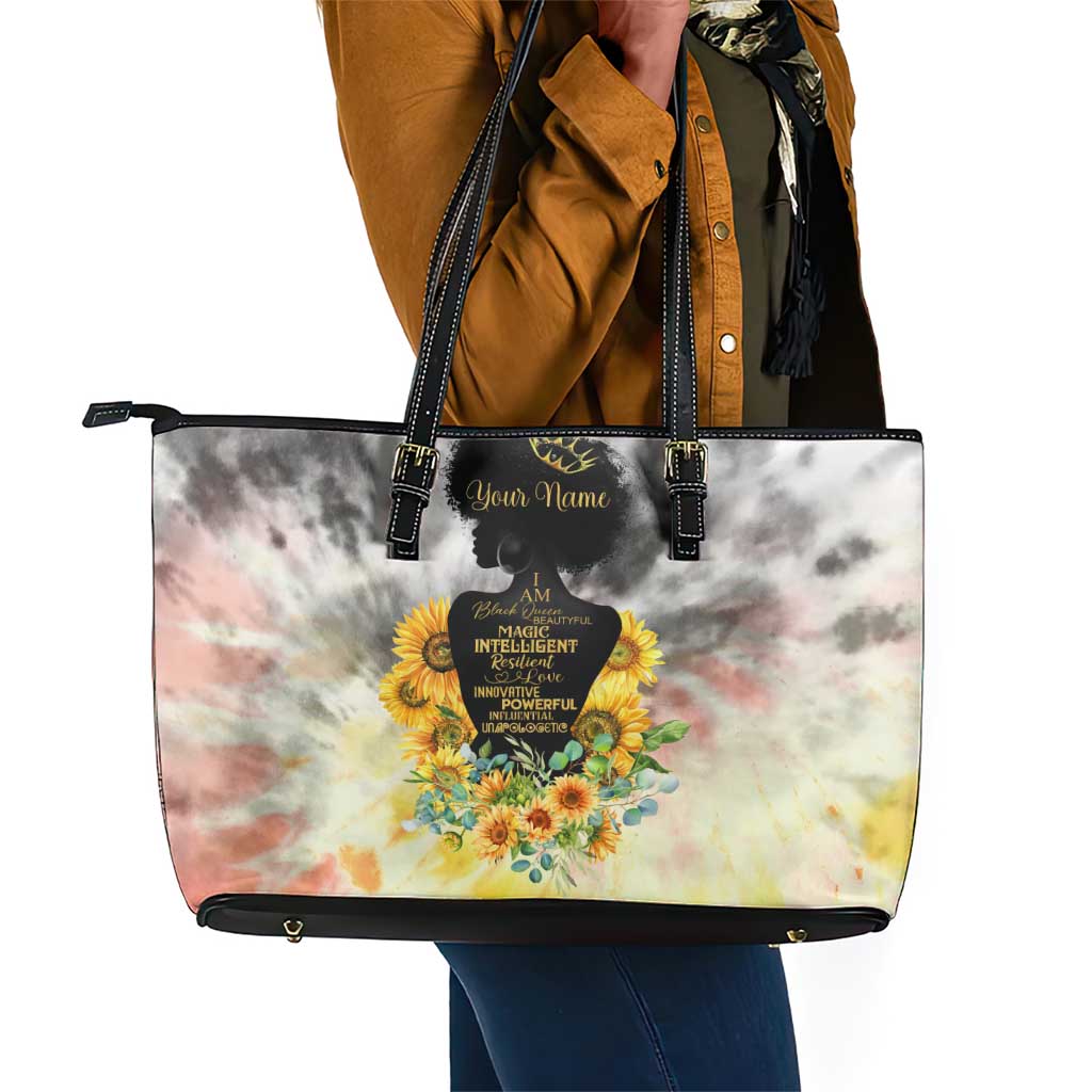 Vintage Flowers - I Am Black Queen Leather Tote Bag