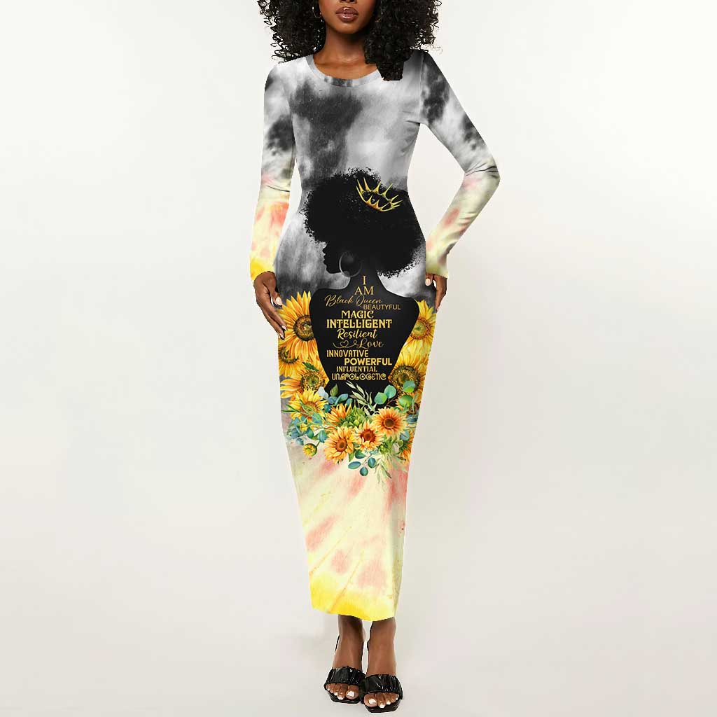 Vintage Flowers - I Am Black Queen Long Sleeve Bodycon Dress DT02