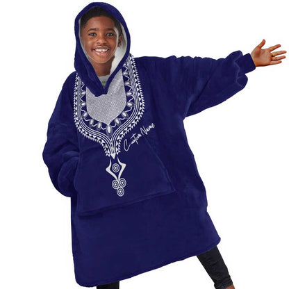 Printed Dashiki African KId Wearable Blanket Hoodie Blue