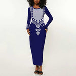 Printed Dashiki African Long Sleeve Bodycon Dress Blue DT02