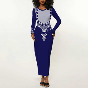 Printed Dashiki African Long Sleeve Bodycon Dress Blue DT02