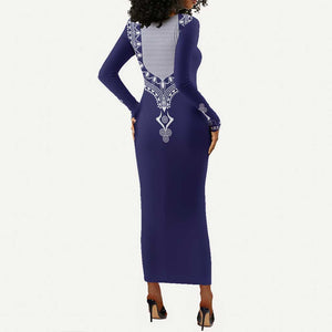 Printed Dashiki African Long Sleeve Bodycon Dress Blue DT02