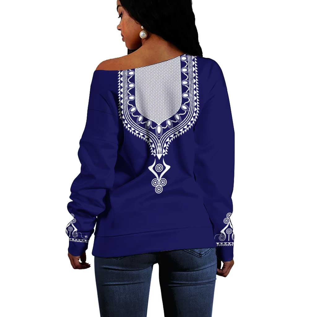 Printed Dashiki African Off Shoulder Sweater Blue