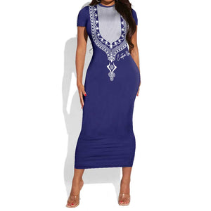 Printed Dashiki African Short Sleeve Bodycon Dress Blue DT02