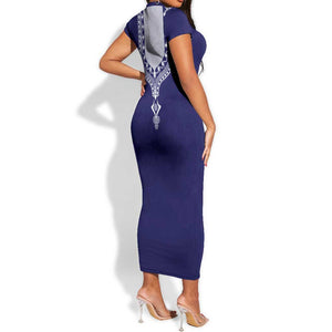 Printed Dashiki African Short Sleeve Bodycon Dress Blue DT02