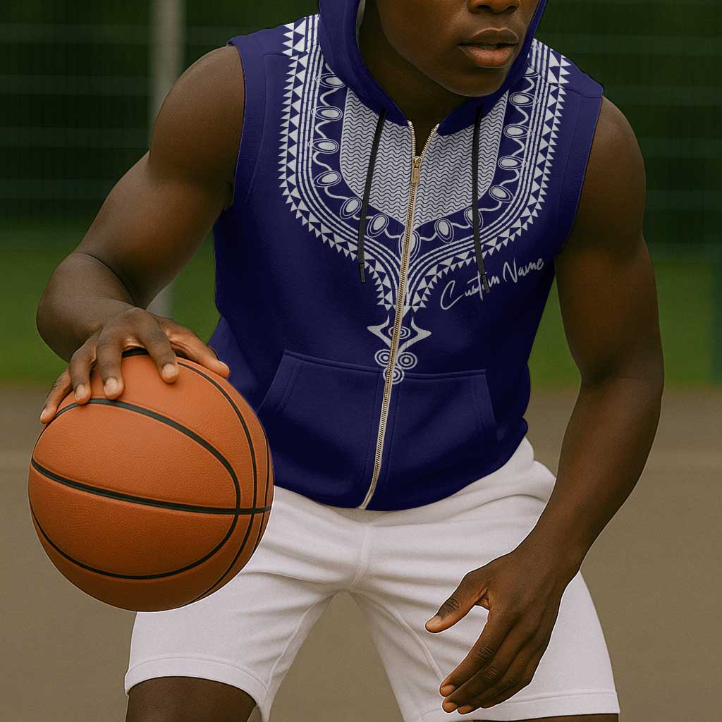 Printed Dashiki African Sleeveless Zip Hoodie Blue - African Pride
