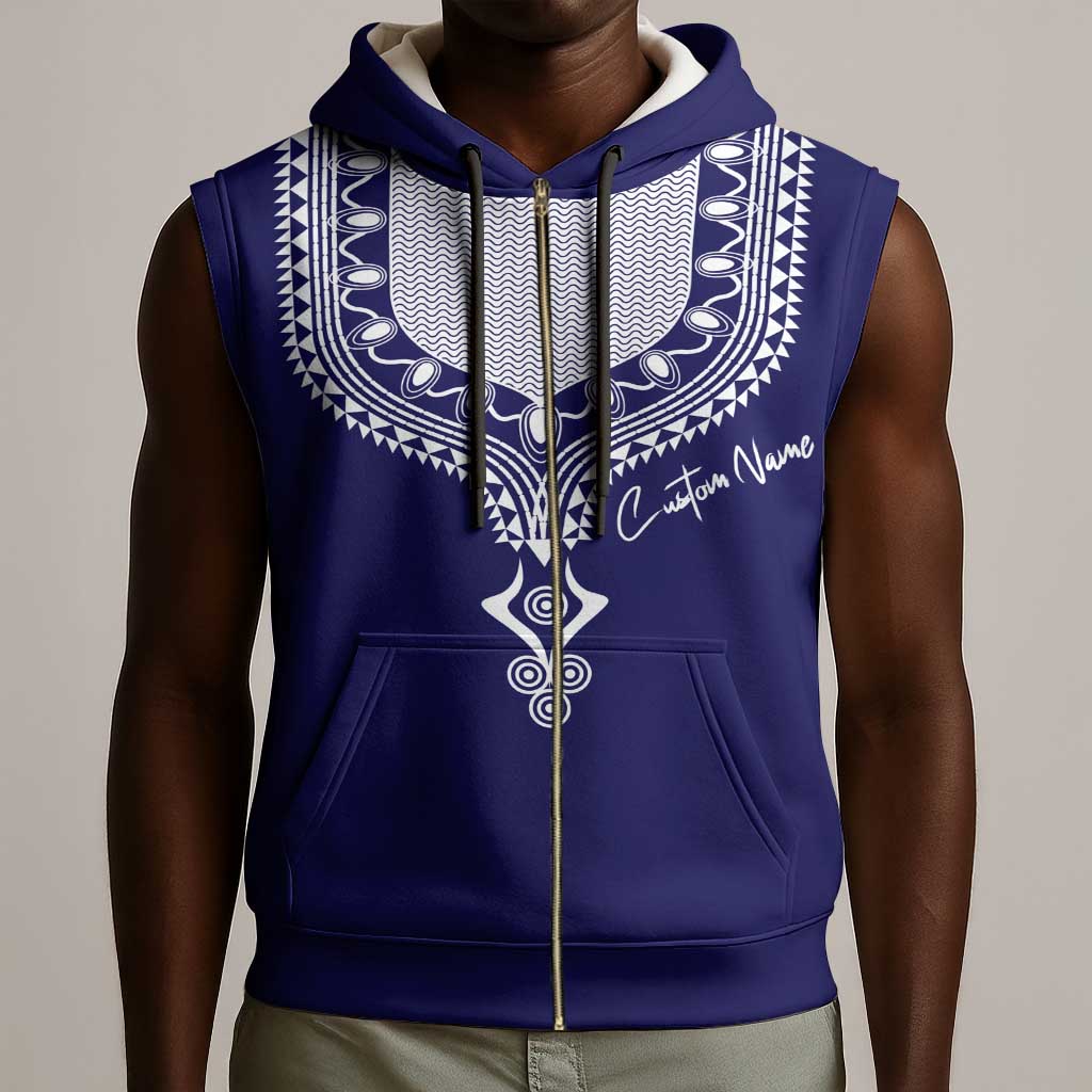 Printed Dashiki African Sleeveless Zip Hoodie Blue - African Pride