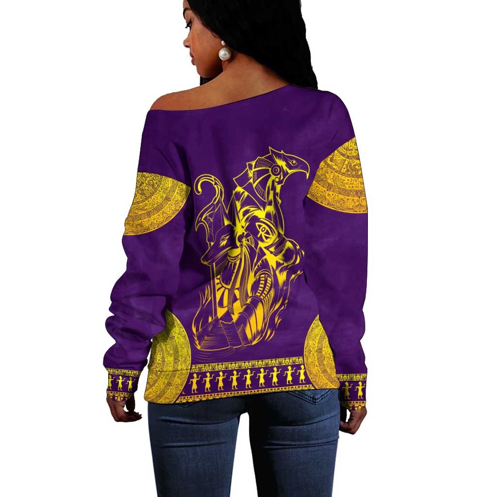 Anubis and Horus Off Shoulder Sweater Egyptian God Purple