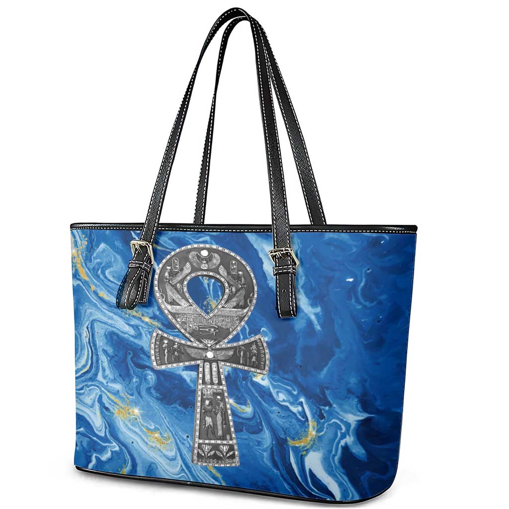 Ankh On Blue Leather Tote Bag Pan African