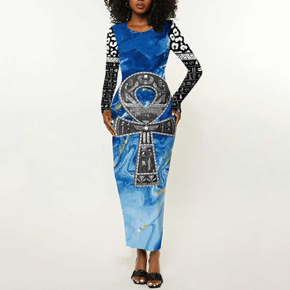 Ankh On Blue Long Sleeve Bodycon Dress Pan African DT02