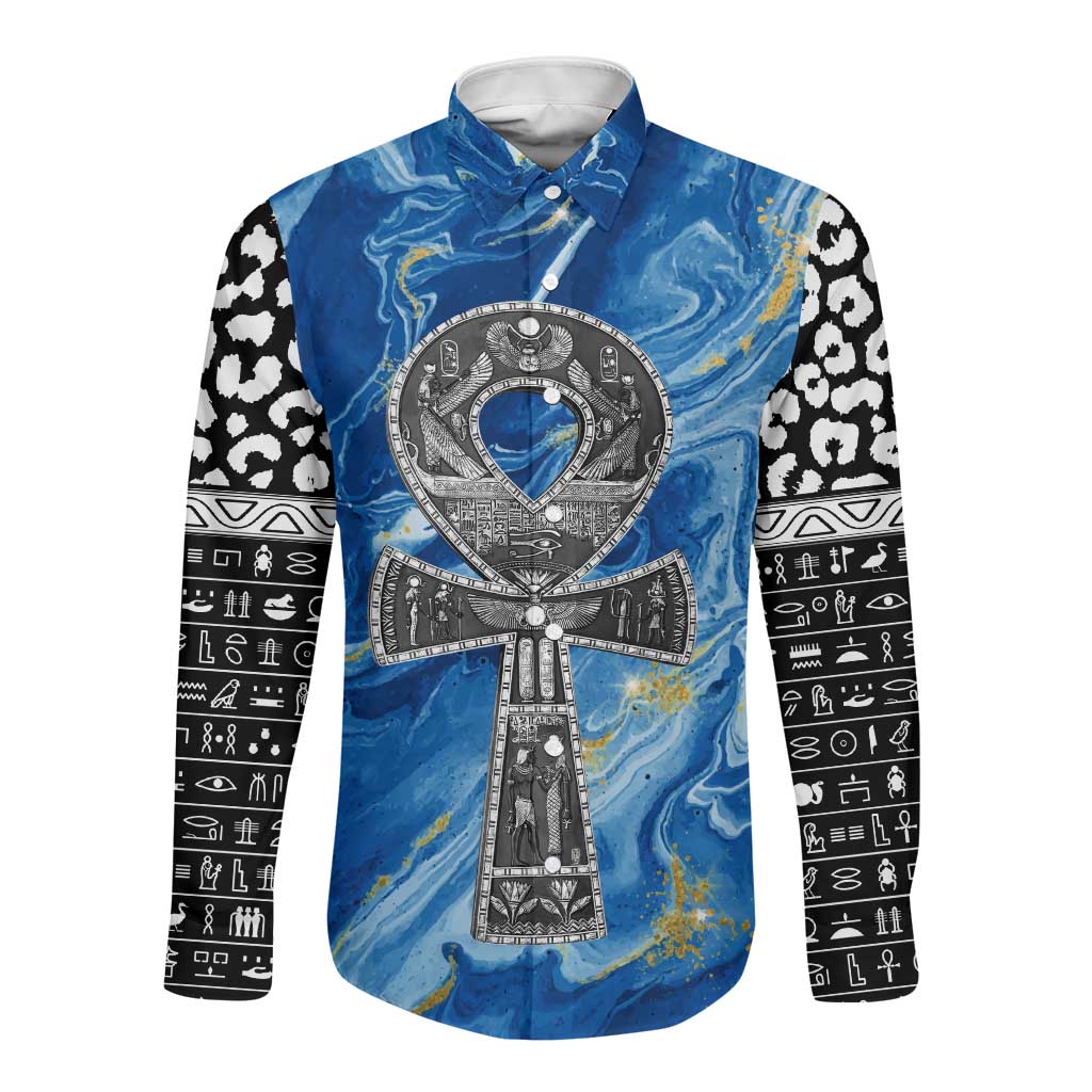 Ankh On Blue Long Sleeve Button Shirt Pan African