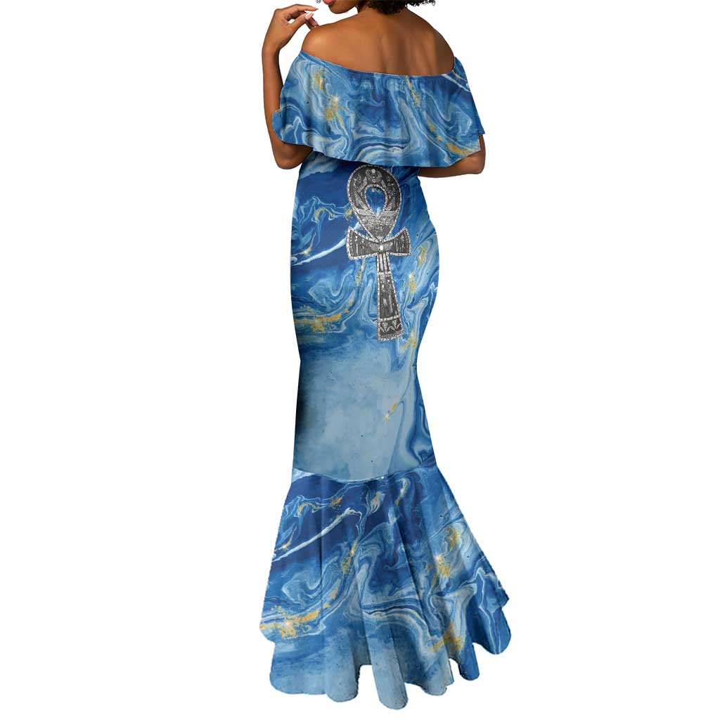 Ankh On Blue Mermaid Dress Pan African