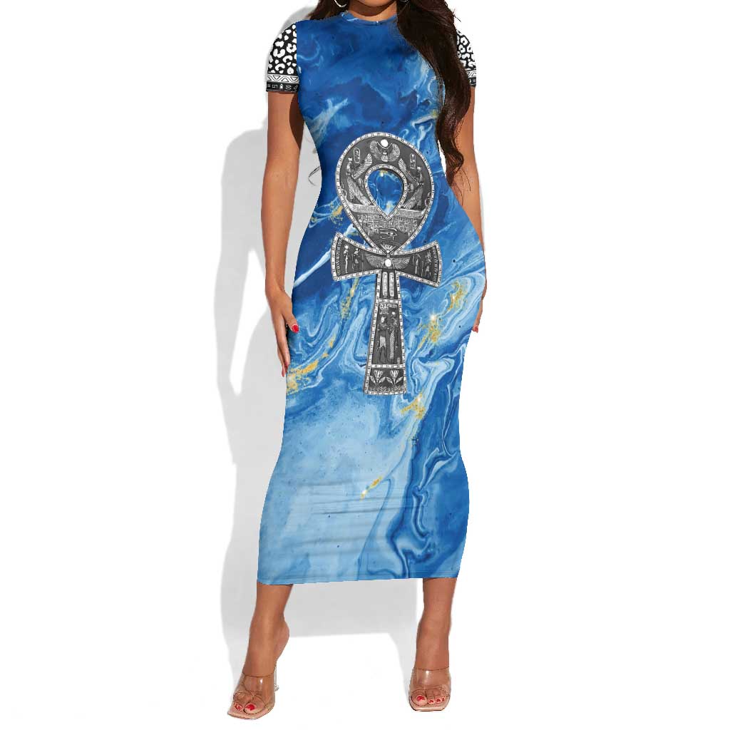Ankh On Blue Short Sleeve Bodycon Dress Pan African DT02